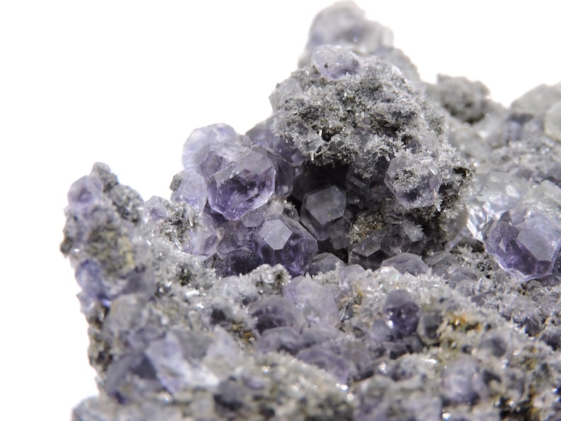 May include: A cluster of translucent purple fluorite crystals with geometric cubic formations embedded in a rough, grey, textured mineral matrix. The crystal surfaces exhibit sharp edges and varying shades of violet, contrasting with the dark, granular rock base.