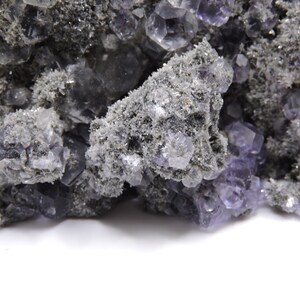 May include: A mineral specimen featuring clusters of translucent purple fluorite crystals embedded within a rough, dark grey, and textured matrix. The crystalline structure displays geometric facets and varying shades of violet against a coarse, granular surface.