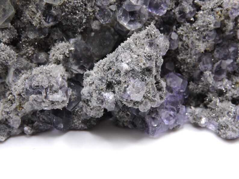 May include: A mineral specimen featuring clusters of translucent purple fluorite crystals embedded within a rough, dark grey, and textured matrix. The crystalline structure displays geometric facets and varying shades of violet against a coarse, granular surface.