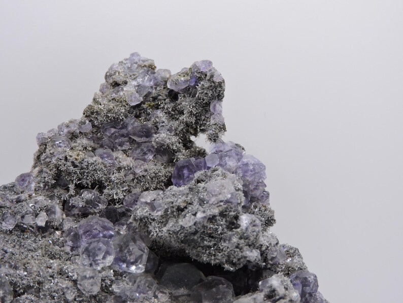 May include: A mineral specimen featuring clusters of translucent, light purple cubic crystals embedded within a rough, dark grey, textured matrix. The crystalline structure displays geometric facets and varying shades of violet throughout the formation.