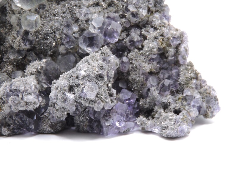 May include: A cluster of translucent purple fluorite crystals embedded in a rough, grey, granular matrix. The mineral specimen features numerous small, geometric cubic crystal formations with varying shades of violet and clear crystalline edges.