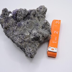 May include: A cluster of raw purple and translucent fluorite crystals embedded in a dark grey, textured matrix. An orange measuring tape is placed alongside the specimen, indicating a length of approximately 7.6 centimetres for the crystal formation.