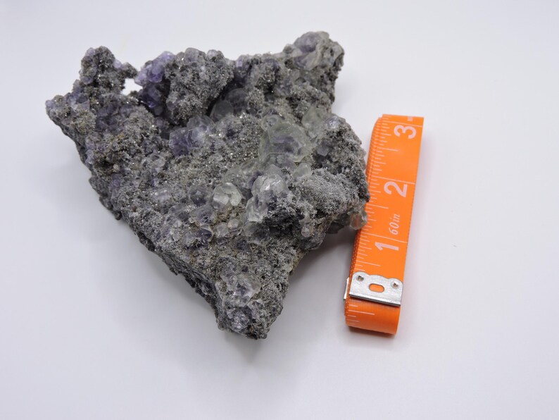 May include: A cluster of raw purple and translucent fluorite crystals embedded in a dark grey, textured matrix. An orange measuring tape is placed alongside the specimen, indicating a length of approximately 7.6 centimetres for the crystal formation.