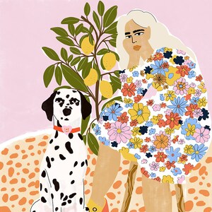 Lady and dalmatian Art Print Plant Lady Lemon tree Colourful poster Dog lover Dog illustration Dog Artwork Gouache painting image 2