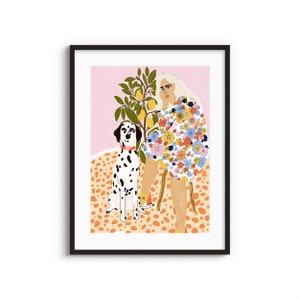 Lady and dalmatian Art Print Plant Lady Lemon tree Colourful poster Dog lover Dog illustration Dog Artwork Gouache painting image 1