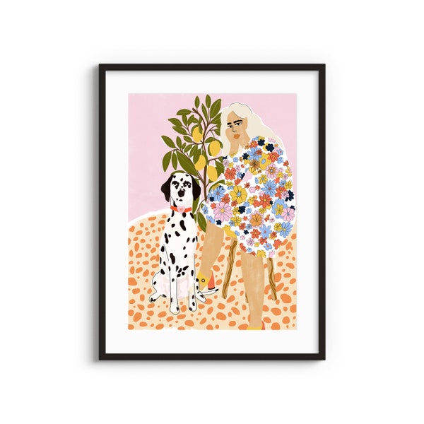 Lady and dalmatian Art Print • Plant Lady • Lemon tree • Colourful poster • Dog lover • Dog illustration •  Dog Artwork • Gouache painting