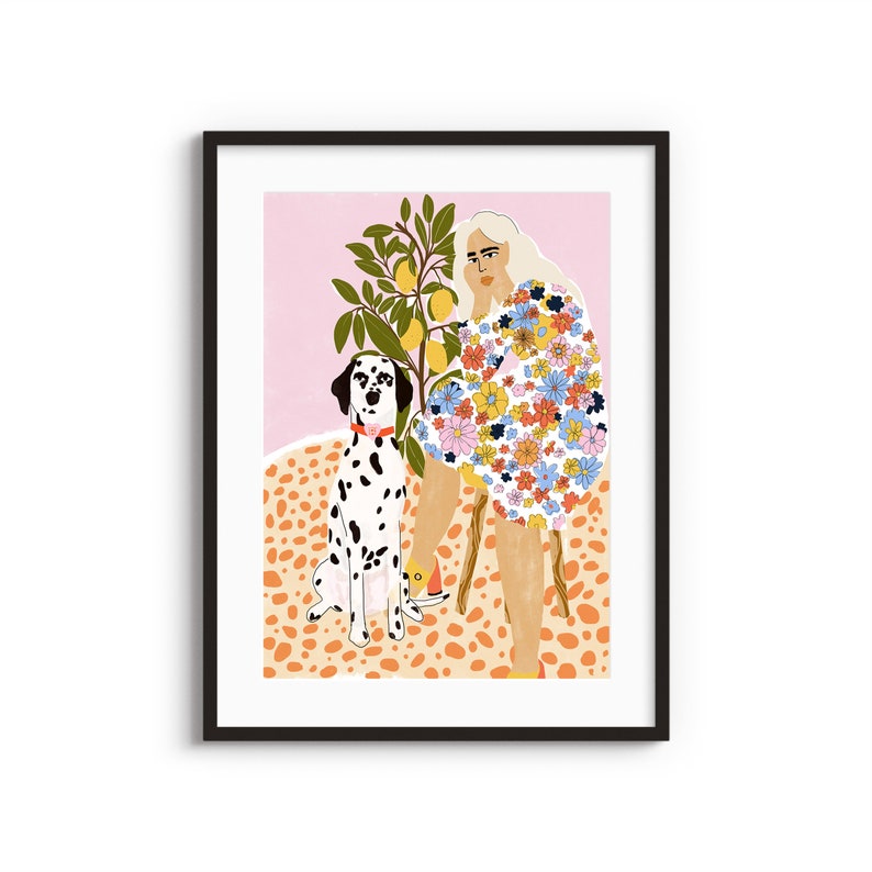 Lady and dalmatian Art Print Plant Lady Lemon tree Colourful poster Dog lover Dog illustration Dog Artwork Gouache painting image 1