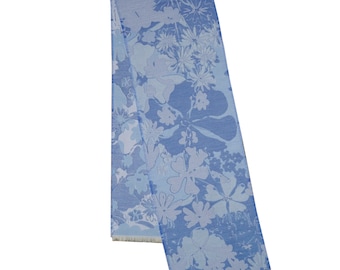 Woven Floral Blue Scarf, Flower Print Scarf, Vintage Scarf, Long Scarf, Jacquard Scarf, Bohemian Scarf, Floral Art Woven Scarf