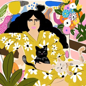 I am friends with cats A4 A3 Art Print Bohemian wall decor Boho painting Plant Lady Colourful art print Abstract art Cat Lady image 3