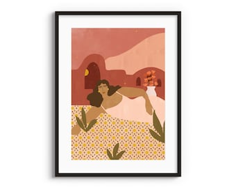 Vrouwen in Safari A4 A3 Art Print • Dame illustratie • Botanische muur • Pastel kunstwerk • Woonkamer wand decor • Boek dame
