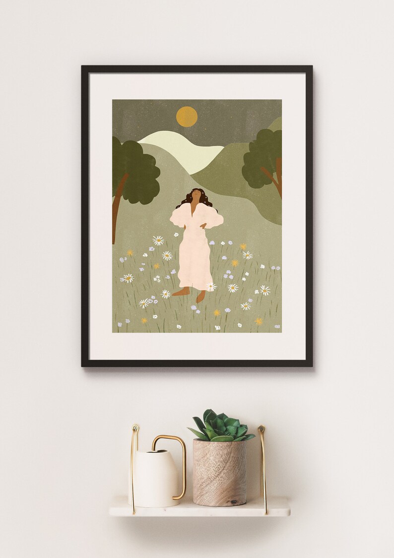 No Ceiling in the Garden A4 A3 Art Print Lady illustration Botanical wall Pastel Art work Living room wall decor Moon lady image 2