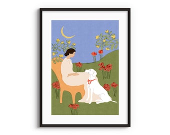 Girl And Her Dog Art Print • Plant Lady • Lady and Dog • Colourful poster • Dog lover • Dog illustration •  Dog Artwork • Colorful Flowers