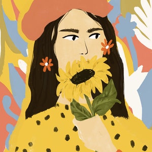 Girl and her beret A4 A3 Art Print Sunflower illustration plant lady Colourful illustration Polka dot art Floral earrings image 3