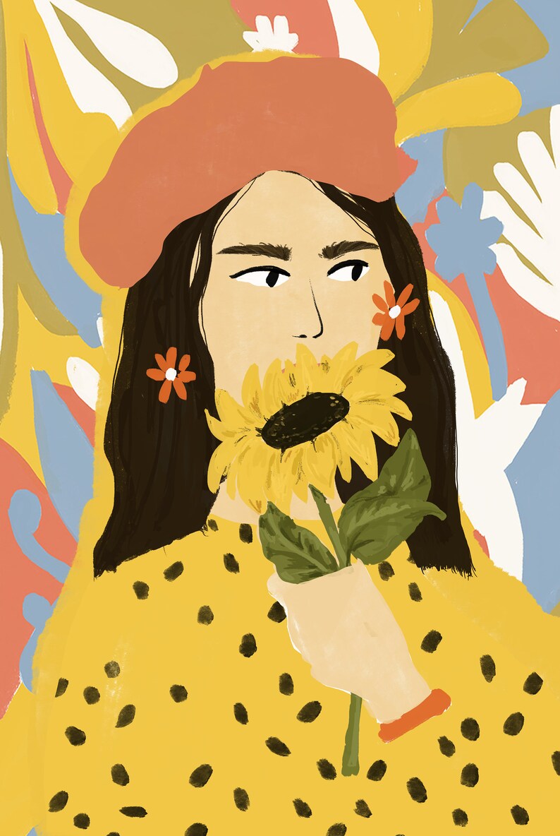 Girl and her beret A4 A3 Art Print Sunflower illustration plant lady Colourful illustration Polka dot art Floral earrings image 3