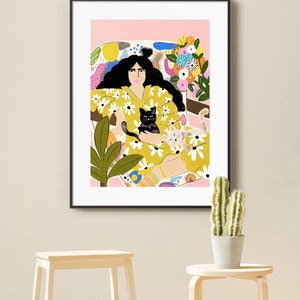 I am friends with cats A4 A3 Art Print Bohemian wall decor Boho painting Plant Lady Colourful art print Abstract art Cat Lady image 2