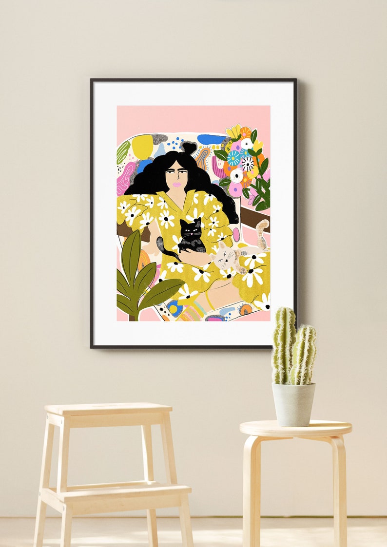 I am friends with cats A4 A3 Art Print Bohemian wall decor Boho painting Plant Lady Colourful art print Abstract art Cat Lady image 2