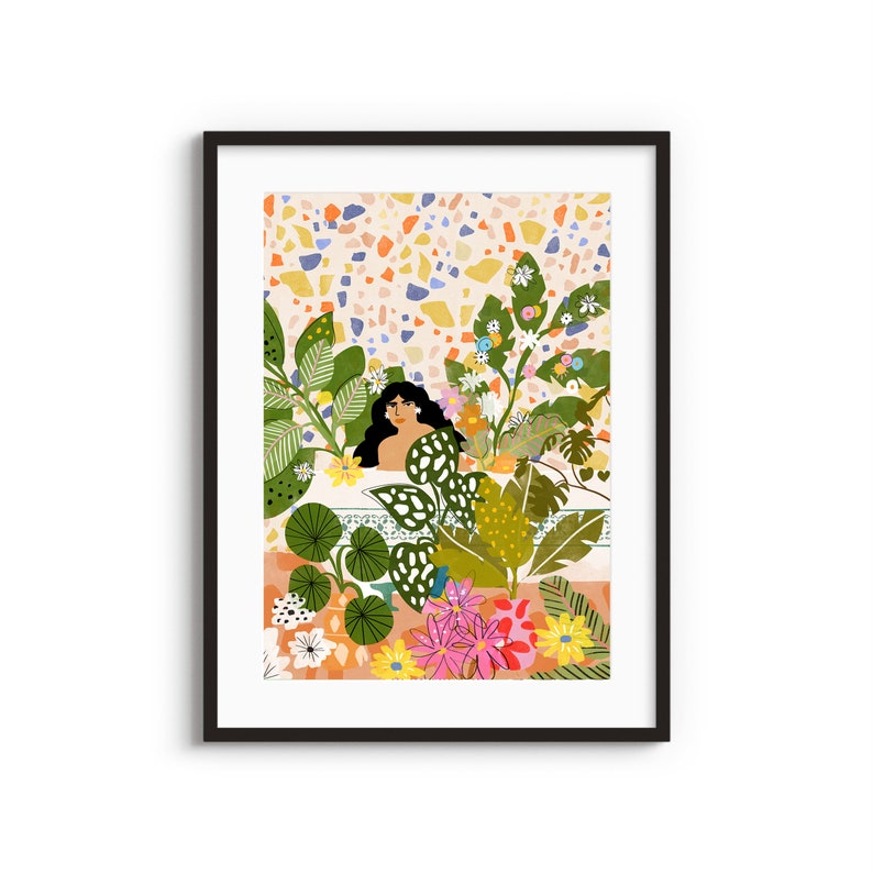 Bathing with Plants A4, A3 art print Plant Lady Whimsical illustration Moroccan decor Jungle art print Terrazzo design image 1