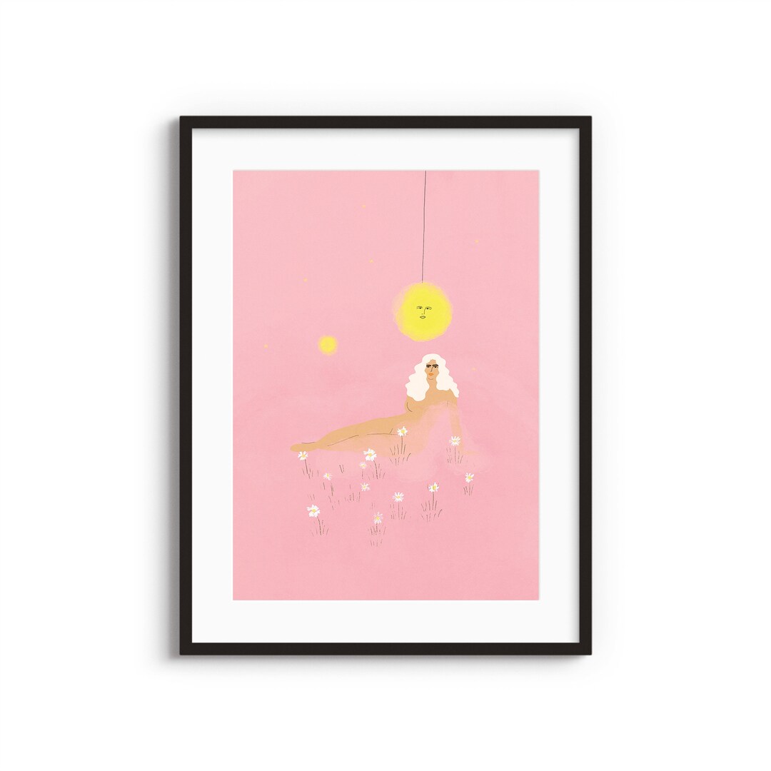 Moon on a String A4 A3 Art Print Pastel Wall Decor Pastel Painting Lady ...