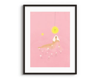 Moon on a String A4 A3 Art Print • Pastel wall decor • Pastel painting • Lady in Cloud • Colourful art print • Wall illustration • Sun art