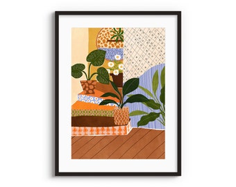 Vintage Staircase A4 A3 Art Print • Tiles illustration • Jungle • Plants art • Moroccan wall • Boho decor • Flower pot art • Plants