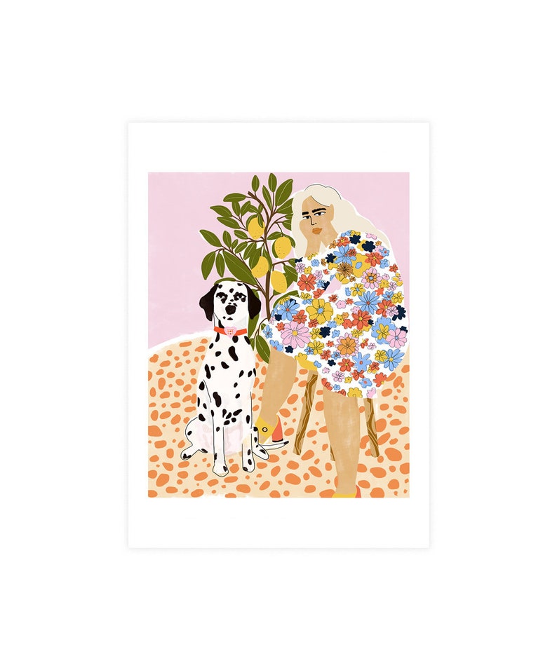 Lady and dalmatian Art Print Plant Lady Lemon tree Colourful poster Dog lover Dog illustration Dog Artwork Gouache painting image 4