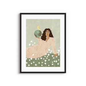 God is a Woman A4 A3 Art Print • Lady Illustration • Botanische Wand • Pastell Kunstwerk • Wohnzimmer Wanddekor • Moon Lady