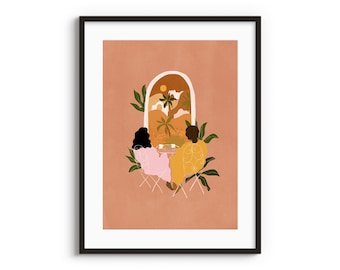 Morning Coffee with Best Friend Art Print A4 A3 Art Print • Boho wall art • Tropical illustration • Plant Lady • Desert print •  Friendship