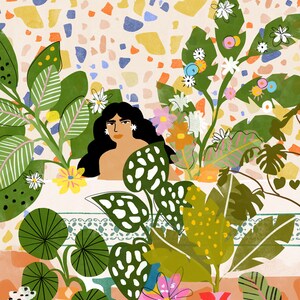 Bathing with Plants A4, A3 art print Plant Lady Whimsical illustration Moroccan decor Jungle art print Terrazzo design image 6