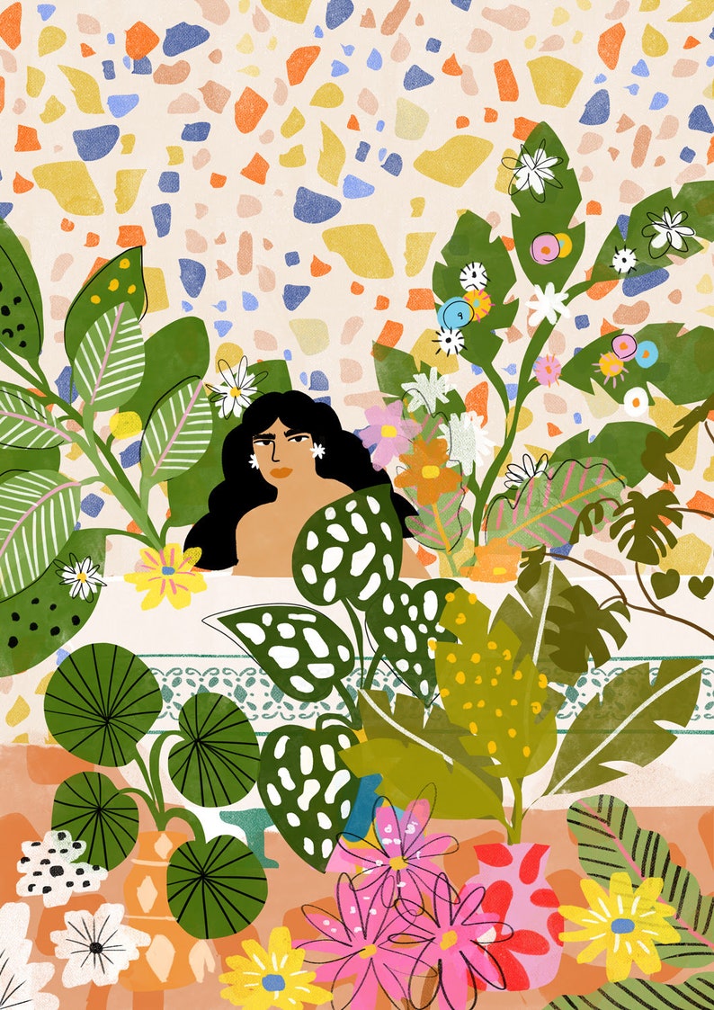 Bathing with Plants A4, A3 art print Plant Lady Whimsical illustration Moroccan decor Jungle art print Terrazzo design image 6