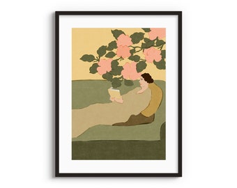 Flowers On My Mind A4 A3 Art Print • Lady illustration • Botanical wall • Pastel Art work • Wall decor • Plants Wall Art