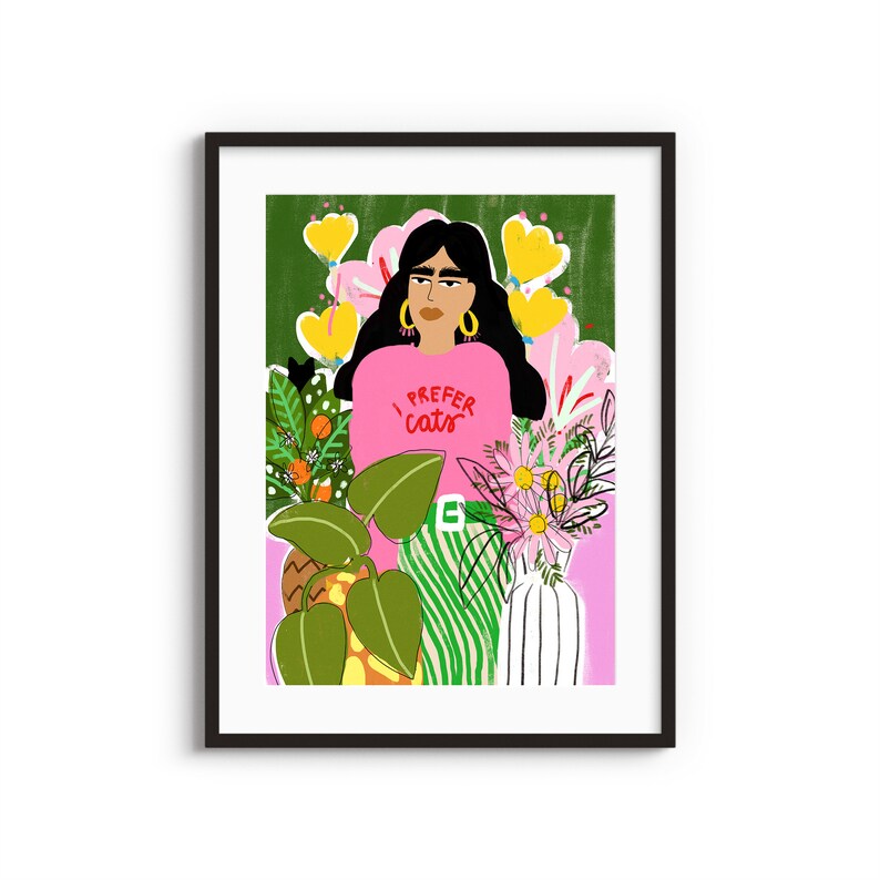 I Prefer Cats A4 A3 Art Print Cat Lady gift Plant Lady Colourful illustration Gouache art Bohemian Wall Decor Floral drawing image 1