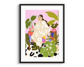Taking Care of My Plants A4 A3 Art Print • Plant Lady • Abstract illustration • Daisy art • Floral painting •  Plant Jungle