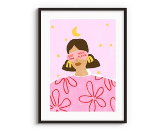 Sleepy Head A4 A3 Art Print •  Sleep Mask Pink Illustration •  One More minute Please •  Sweet Dreams • Sleeping Art Print