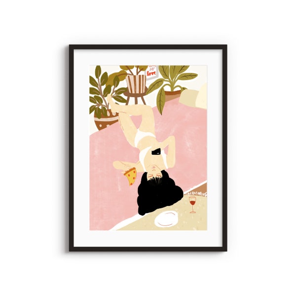 Pizza Lady illustration A4 A3 art print • Friday night and wine, Lazy, Woman laying on bed illustration, Minimalistic art