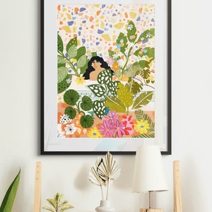 Bathing with Plants A4, A3 art print Plant Lady Whimsical illustration Moroccan decor Jungle art print Terrazzo design image 2