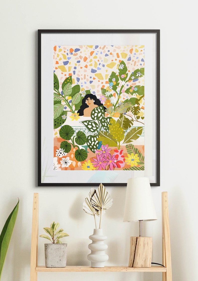 Bathing with Plants A4, A3 art print Plant Lady Whimsical illustration Moroccan decor Jungle art print Terrazzo design image 2