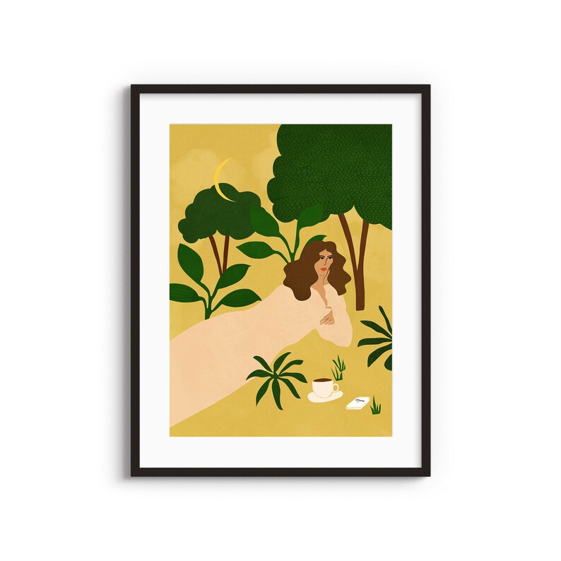 Coffee In The Morning Boho wall art Tropical illustration Plant Lady Pastel art work Desert print Moroccan lady Chic art image 1