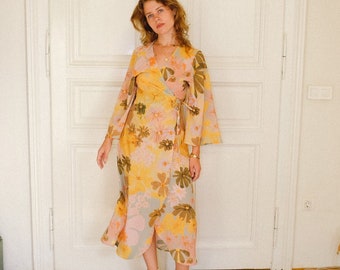 Wild World Wrap Dress, Butterfly Sleeves Dress, Seventies Inspired Dress, Ethical Clothing, Made to Order, Vintage Print Dress, Boho Dress