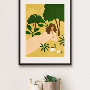 Coffee In The Morning Boho wall art Tropical illustration Plant Lady Pastel art work Desert print Moroccan lady Chic art image 2