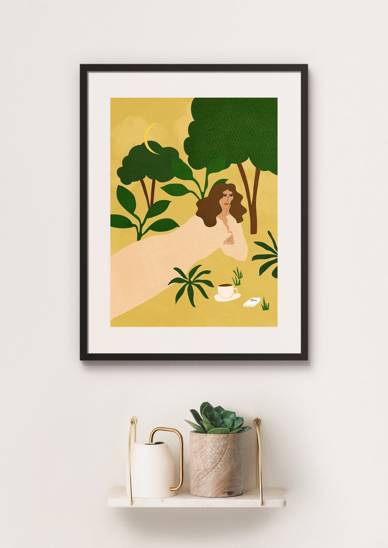 Coffee In The Morning Boho wall art Tropical illustration Plant Lady Pastel art work Desert print Moroccan lady Chic art image 2