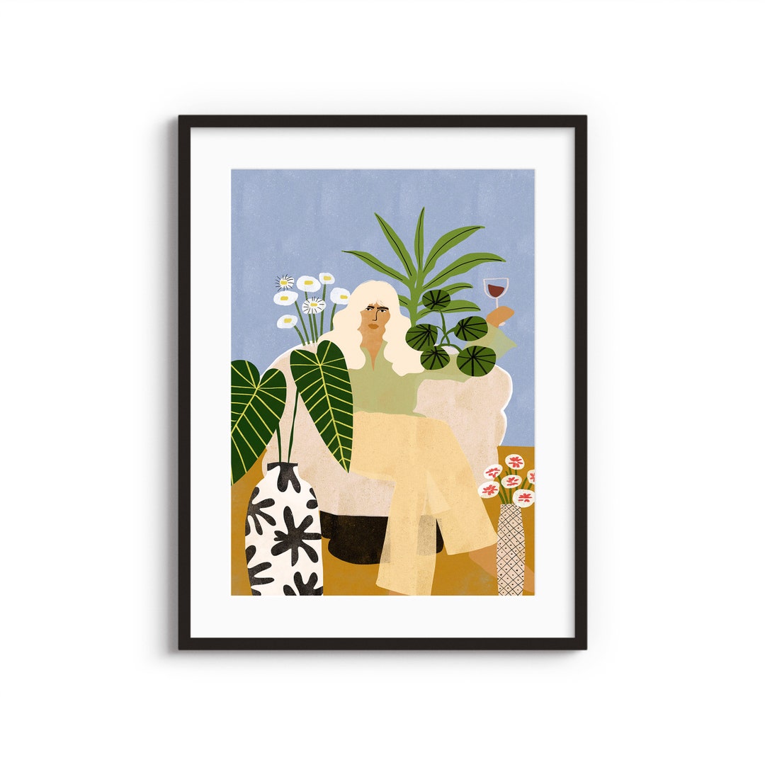 Wine and Plants A4 A3 Art Print Lady Illustration Botanical Wall Pastel