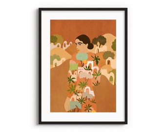 Dagdromen A4 A3 Art Print • Plant Lady illustratie • Botanische muurkunst • Woestijn • Marokkaans wanddecor • Duifkunst