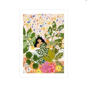 Bathing with Plants A4, A3 art print Plant Lady Whimsical illustration Moroccan decor Jungle art print Terrazzo design image 4