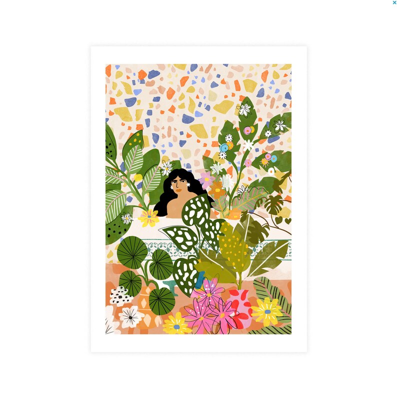 Bathing with Plants A4, A3 art print Plant Lady Whimsical illustration Moroccan decor Jungle art print Terrazzo design image 4