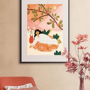 Unter dem Vollmond liegend A4 A3 Art Print Safari Illustration Pflanzen Dame Marokkanisches Dekor Blumen Illustration Bild 2