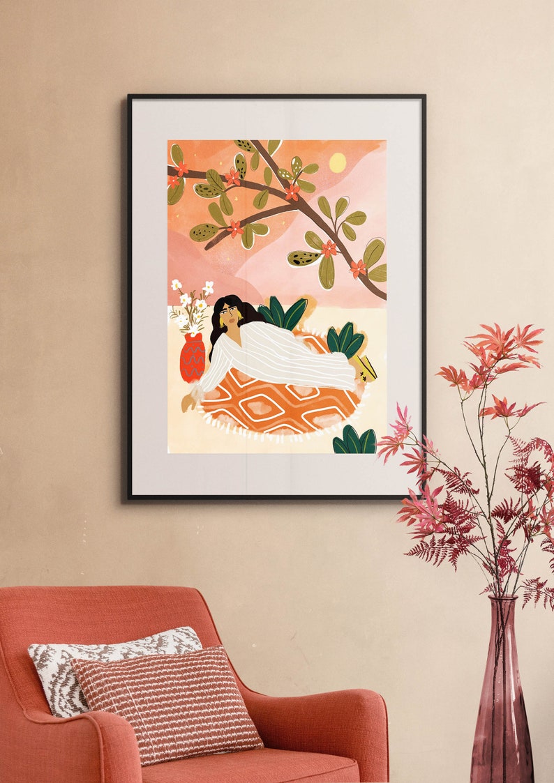 Unter dem Vollmond liegend A4 A3 Art Print Safari Illustration Pflanzen Dame Marokkanisches Dekor Blumen Illustration Bild 2