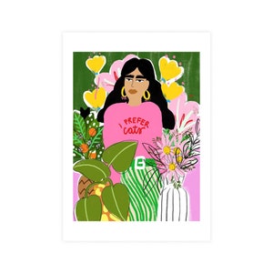 I Prefer Cats A4 A3 Art Print Cat Lady gift Plant Lady Colourful illustration Gouache art Bohemian Wall Decor Floral drawing image 4