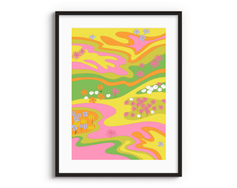 Sixties Landscape A4 A3 Art print • Vintage wall art • Bold bright colors • Floral illustration • Hippie art • Garden illustration