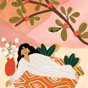 Unter dem Vollmond liegend A4 A3 Art Print Safari Illustration Pflanzen Dame Marokkanisches Dekor Blumen Illustration Bild 3