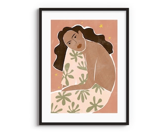 Star Shopping A4 A3 Kunstdruck • Lady Illustration • Botanische Wand • Pastell Kunstwerk • Wohnzimmer Wanddekor • Dame im Kleid